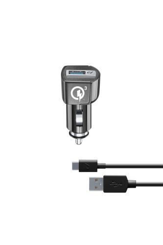 Nabíjací set USB autonabíjačky a USB-C kábla CellularLine, Qualcomm® Quick Charge ™ 3.0, 18W, čierny