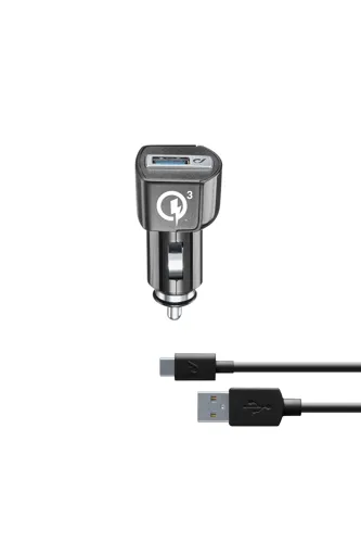 Nabíjecí set USB autonabíječky a USB-C kabelu Cellularline, Qualcomm® Quick Charge™ 3.0, 18W, černý
