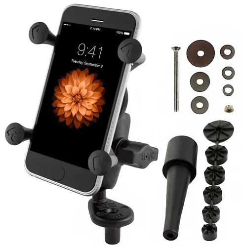 RAM-B-176-A-UN7U Univerzálny držiak X-Grip™ pre prenosné zariadenia, napr. smartfón alebo navigáciu do auta, namontované vo vidlici motocykla