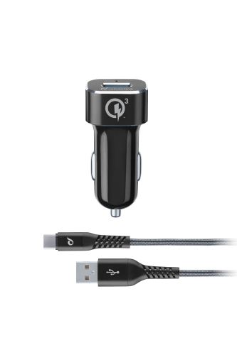 Set USB autonabíjačky a odolného USB-C kábla CellularLine Tetra Force 18W, Qualcomm® Quick Charge 3.0, čierna